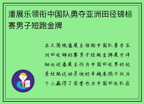 潘展乐领衔中国队勇夺亚洲田径锦标赛男子短跑金牌