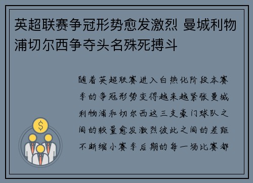 英超联赛争冠形势愈发激烈 曼城利物浦切尔西争夺头名殊死搏斗