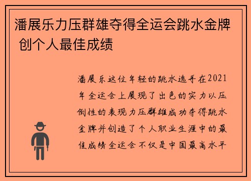 潘展乐力压群雄夺得全运会跳水金牌 创个人最佳成绩